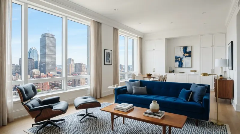 Sunlit living room with navy sofa, mid-century furniture, and skyline views